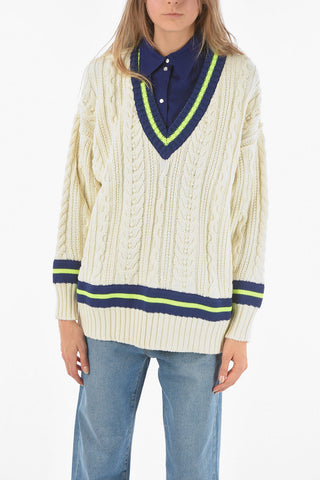 Contrasting Stripe Aran Wool Blend Sweater
