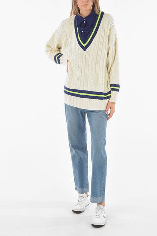 Contrasting Stripe Aran Wool Blend Sweater
