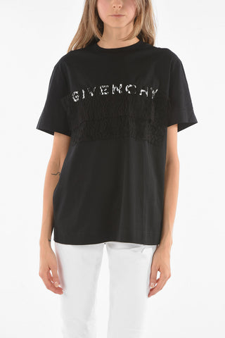 T-Shirt in Cotone con Logo e Applicazioni in Pizzo