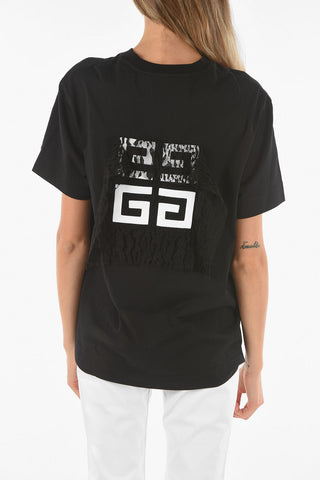 T-Shirt in Cotone con Logo e Applicazioni in Pizzo