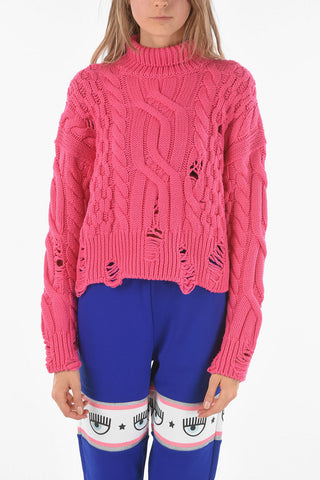 Distressed Detail Aran Wool Crop Pullover