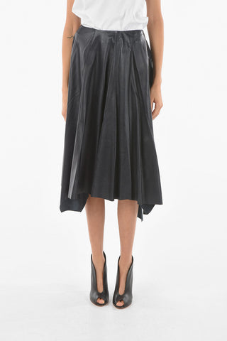Leather Flared Midi Skirt with Asymmetrical Cut