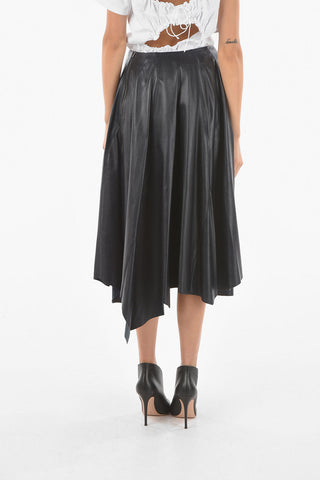 Leather Flared Midi Skirt with Asymmetrical Cut