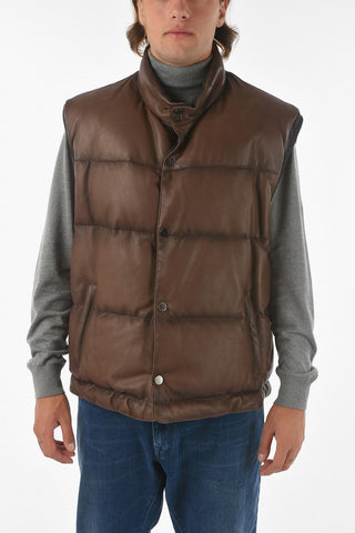 Leather Down Vest Jacket with Zipped Pockets