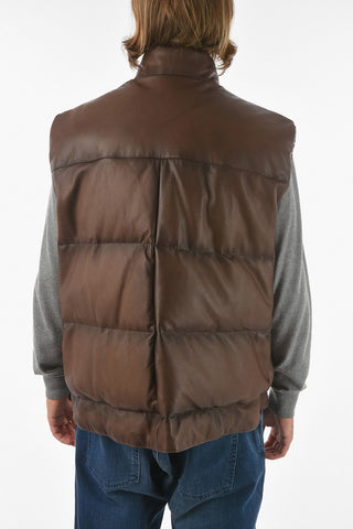 Leather Down Vest Jacket with Zipped Pockets