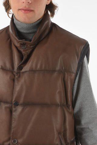 Leather Down Vest Jacket with Zipped Pockets
