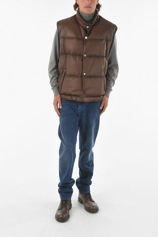 Leather Down Vest Jacket with Zipped Pockets