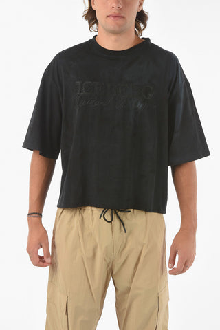 Acid Wash Effect Crew-neck Crop T-shirt with Logo-Embroidery