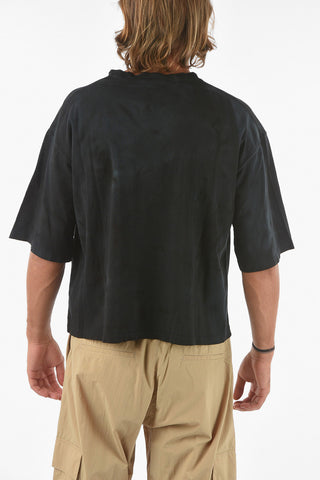 Acid Wash Effect Crew-neck Crop T-shirt with Logo-Embroidery