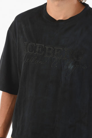 Acid Wash Effect Crew-neck Crop T-shirt with Logo-Embroidery