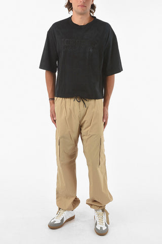 Acid Wash Effect Crew-neck Crop T-shirt with Logo-Embroidery
