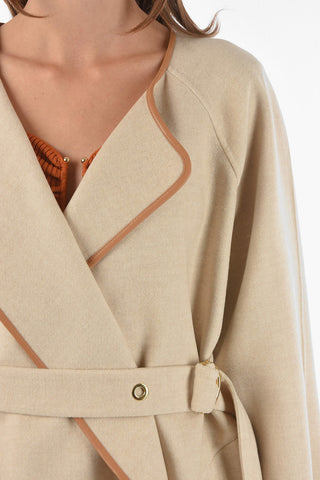 Cashmere Blend Belted Coat with Contrasting Leather Trimmings