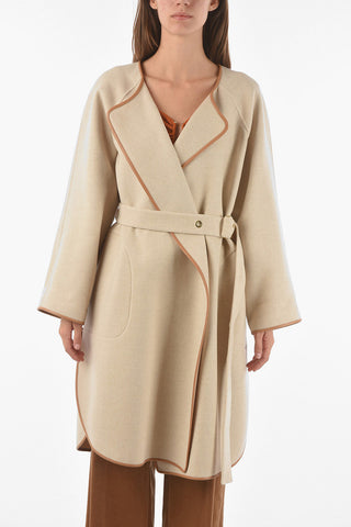 Cashmere Blend Belted Coat with Contrasting Leather Trimmings