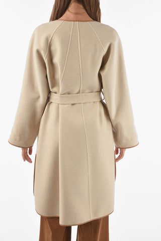 Cashmere Blend Belted Coat with Contrasting Leather Trimmings