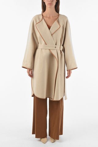 Cashmere Blend Belted Coat with Contrasting Leather Trimmings