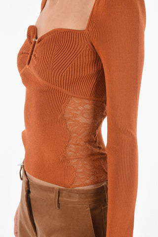 Sweetheart Neckline Ribbed Top with Lace Inserts