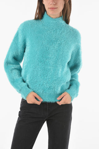 Fuzzy Cotton Blend Mock-neck Sweater