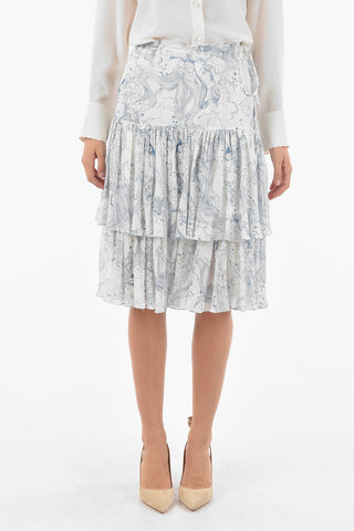 SEE BY Floral Silk Blend Flared Skirt with Ruffles