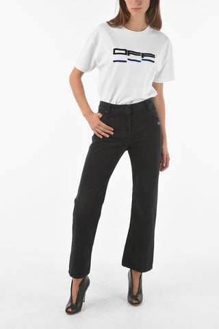 Denim Cropped Flared Jeans with Lettering Logo