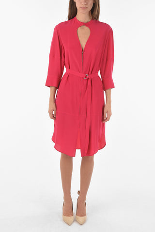 Silk Zip-up Shirt Dress with Drop Cut-out