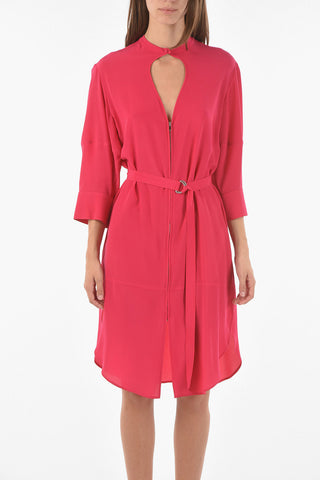 Silk Zip-up Shirt Dress with Drop Cut-out
