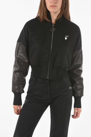 Wool Blend Cropped Bomber with Embroidered Floral Detail