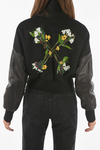 Wool Blend Cropped Bomber with Embroidered Floral Detail