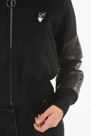 Wool Blend Cropped Bomber with Embroidered Floral Detail