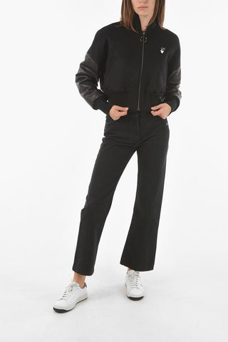 Wool Blend Cropped Bomber with Embroidered Floral Detail
