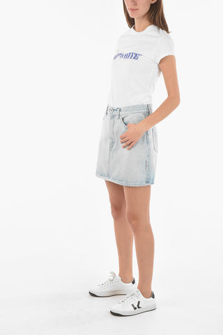 Minigonna in Denim Lavaggio Chiaro con Stampa Logo in Lettering