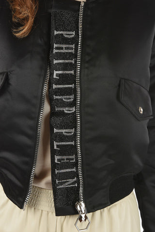 COUTURE Logoed Detail I ALMOST DO Satin Bomber jacket with Rhinestones