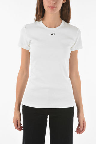 Stretch Cotton Ribbed T-shirt with Minimalistic Logo Print