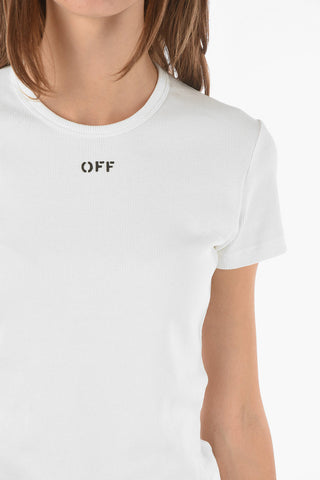 Stretch Cotton Ribbed T-shirt with Minimalistic Logo Print