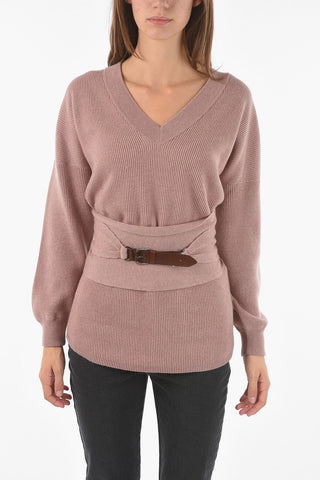 V Neck Cashmere Pullover with Knitted Belt