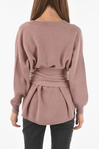 V Neck Cashmere Pullover with Knitted Belt