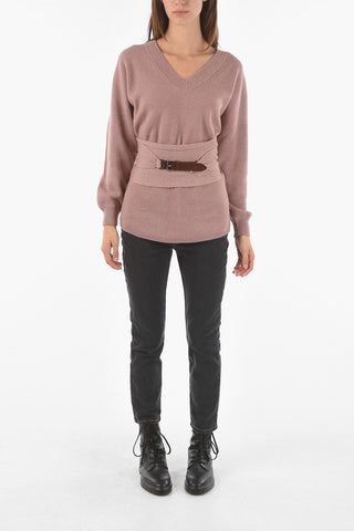 V Neck Cashmere Pullover with Knitted Belt