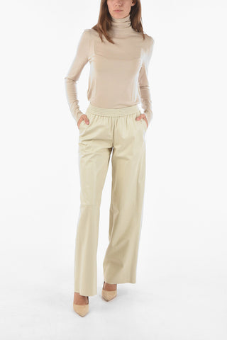 Soft Leather Wide Leg Pants with Waist Elastic Band