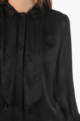 Satin Viscose Tie-neck Shirt with Monogram print