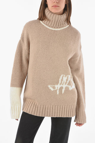 Wool Blend INTARSIO Turtleneck Sweater with Contrasting Lettering Logo