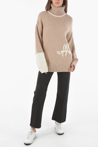 Wool Blend INTARSIO Turtleneck Sweater with Contrasting Lettering Logo