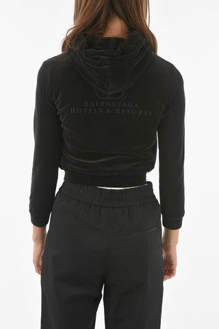 Velour HOTELS & RESORTS Cropped Hooded Sweatshirt with Logoed Embroidery