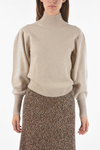 Pullover a Collo Alto in Misto Cashmere con Maniche a Sbuffo