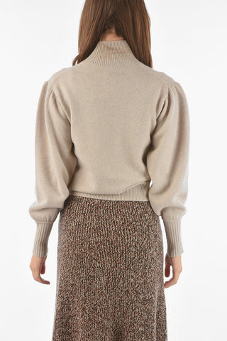 Turtleneck Cashmere Blend Pullover with Puffed Sleeves