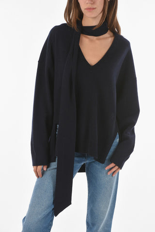 Cashmere Asymmetrical Sweater with Tie-embellished V-neck