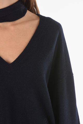 Cashmere Asymmetrical Sweater with Tie-embellished V-neck