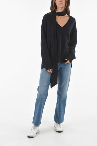 Cashmere Asymmetrical Sweater with Tie-embellished V-neck