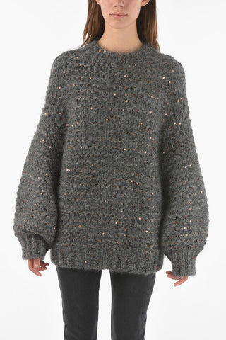 Pullover Girocollo in Misto Mohair con Paillettes All-Over