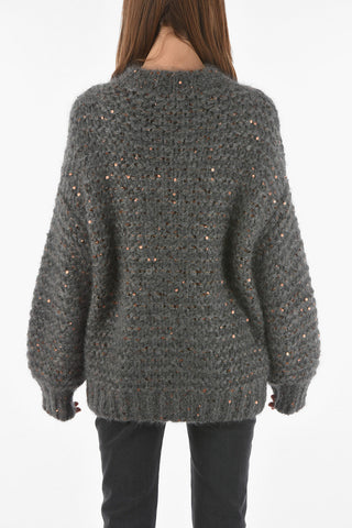 Pullover Girocollo in Misto Mohair con Paillettes All-Over