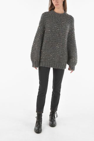 Pullover Girocollo in Misto Mohair con Paillettes All-Over