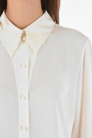 See-through Silk Shirt with Embroidered Floral Detailing